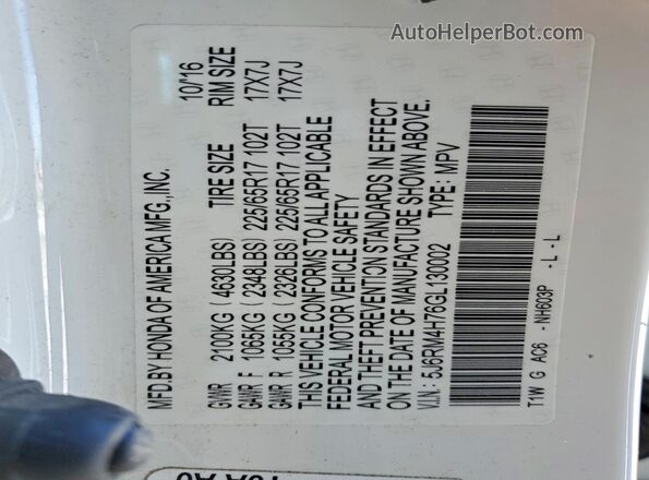 5J6RM4H76GL130002 2016 HONDA CR-V White Widok komory silnika