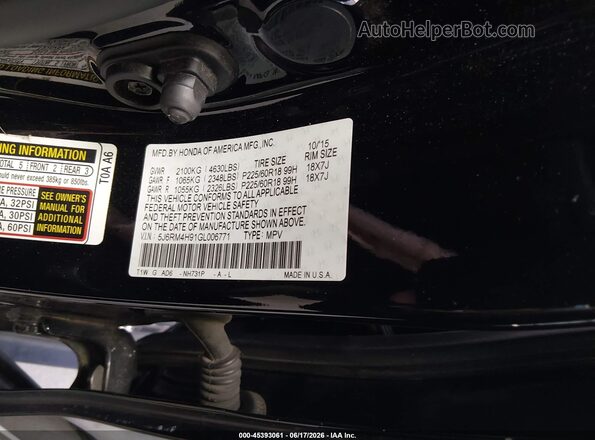 5J6RM4H91GL006771 2016 HONDA CR-V Black Vista del compartimento del motor