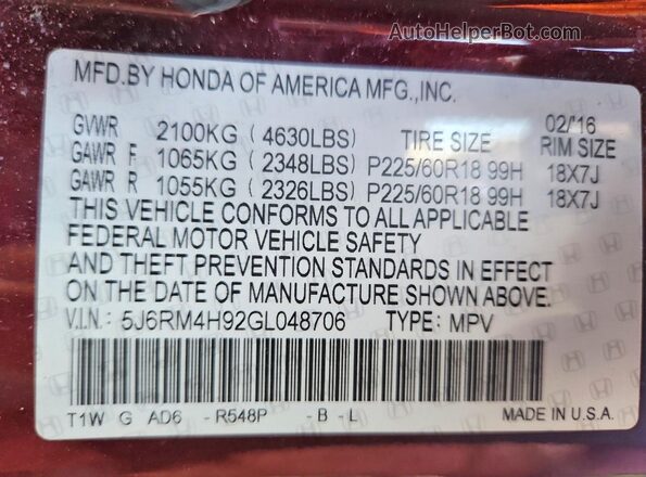 5J6RM4H92GL048706 2016 HONDA CR-V Burgundy VIN կոդի պիտակի տեսք