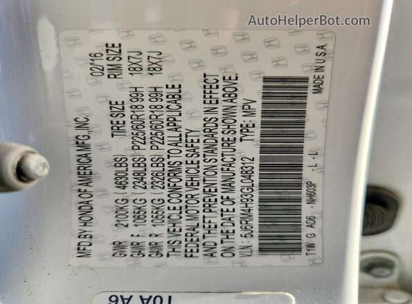 5J6RM4H93GL048312 2016 HONDA CR-V White 360 interior view