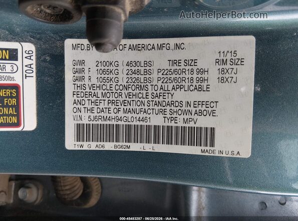 5J6RM4H94GL014461 2016 HONDA CR-V Light Blue Vista del compartimento del motor