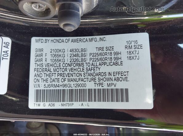 5J6RM4H96GL129000 2016 HONDA CR-V Black Widok komory silnika