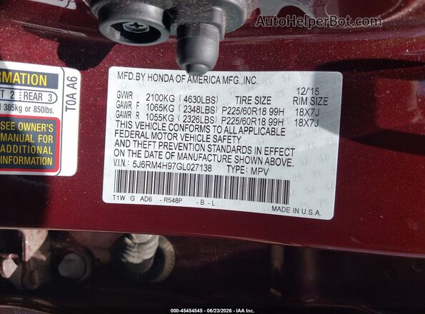 5J6RM4H97GL027138 2016 HONDA CR-V Burgundy Вид підкапотного простору