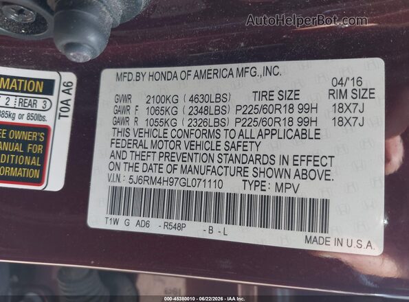 5J6RM4H97GL071110 2016 HONDA CR-V Red Շարժիչի բաժամունքի տեսք