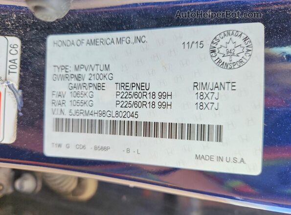 5J6RM4H98GL802045 2016 HONDA CR-V Blue 