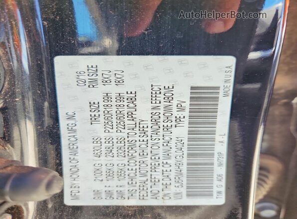 5J6RM4H9XGL040241 2016 HONDA CR-V Black VIN კოდის სტიკერის ხედი