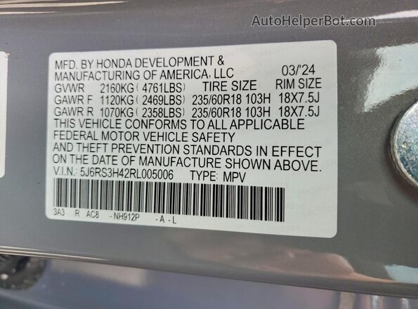 5J6RS3H42RL005006 2024 HONDA CR-V Серый Вид наклейки с VIN-кодом