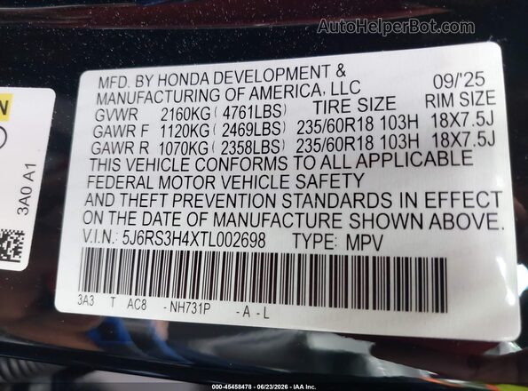 5J6RS3H4XTL002698 2026 HONDA CR-V Blue ძრავის განყოფილების ხედი