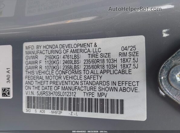 5J6RS3H70SL012312 2025 HONDA CR-V Gray Engine compartment view