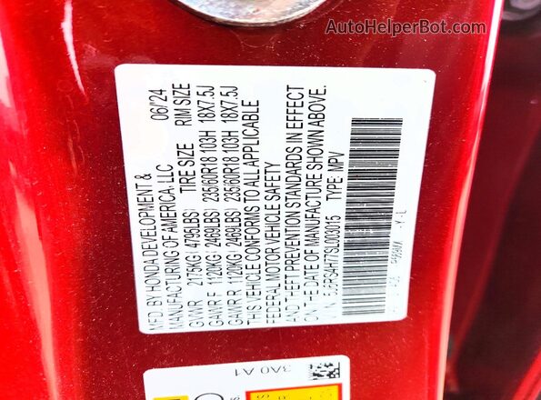 5J6RS4H77SL003015 2025 HONDA CR-V Red VIN կոդի պիտակի տեսք