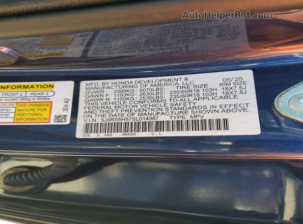 5J6RS5H57SL014987 2025 HONDA CR-V Blue Вид наклейки з VIN-кодом