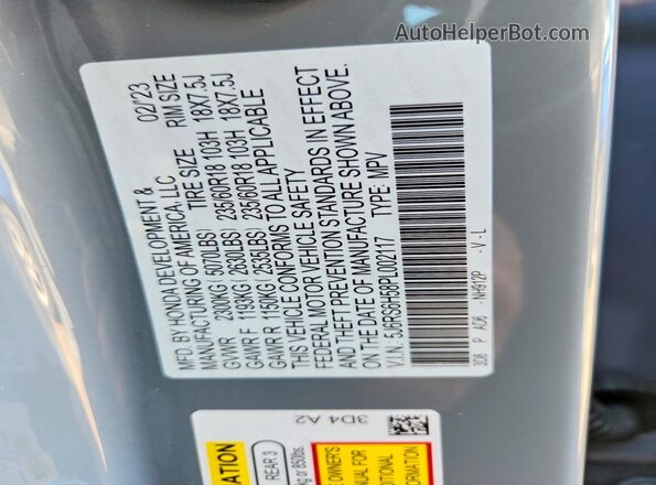 5J6RS6H58PL002117 2023 HONDA CR-V Gray Панорамний вид салону 360°
