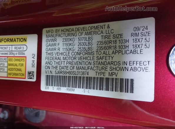 5J6RS6H80SL013874 2025 HONDA CR-V Red Շարժիչի բաժամունքի տեսք