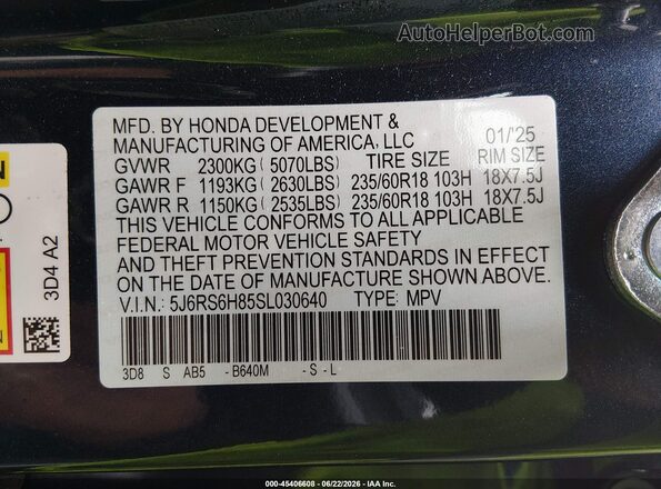 5J6RS6H85SL030640 2025 HONDA CR-V Blue Vista del compartimento del motor