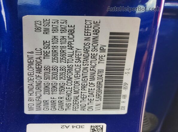 5J6RS6H89RL004780 2024 HONDA CR-V Blue VIN կոդի պիտակի տեսք