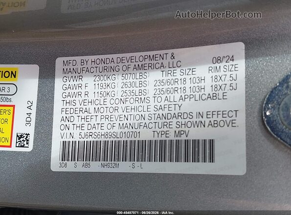 5J6RS6H89SL010701 2025 HONDA CR-V Серебряный Вид подкапотного пространства