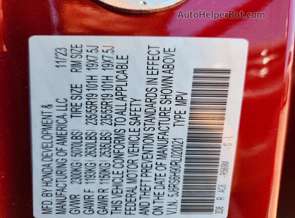 5J6RS6H90RL020021 2024 HONDA CR-V Burgundy VIN sticker view