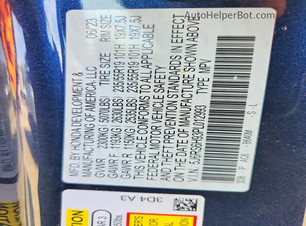 5J6RS6H93PL012993 2023 HONDA CR-V Blue Вид наклейки з VIN-кодом