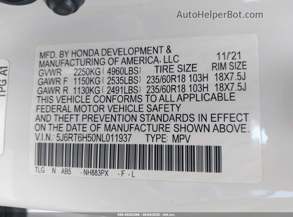 5J6RT6H50NL011937 2022 HONDA CR-V White Вид підкапотного простору
