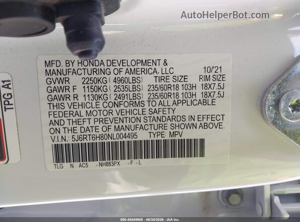 5J6RT6H80NL004495 2022 HONDA CR-V Белый Вид подкапотного пространства