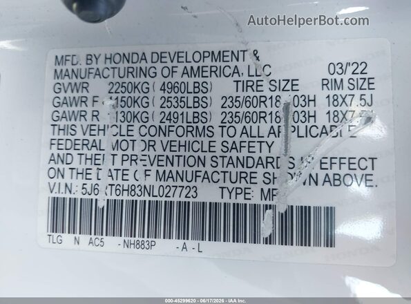 5J6RT6H83NL027723 2022 HONDA CR-V White Вид підкапотного простору