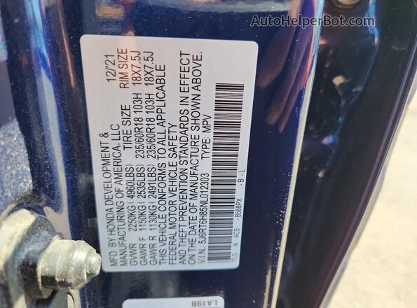 5J6RT6H85NL012303 2022 HONDA CR-V Blue 
