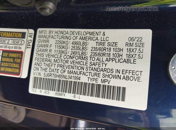5J6RT6H85NL041994 2022 HONDA CR-V HYBRID Blue Vista del compartimento del motor