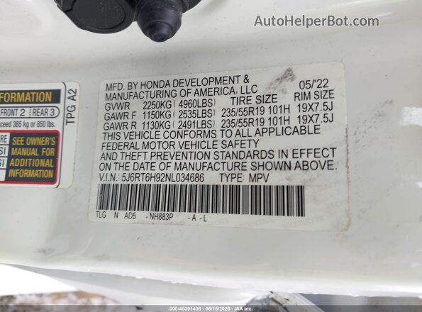 5J6RT6H92NL034686 2022 HONDA CR-V White Շարժիչի բաժամունքի տեսք