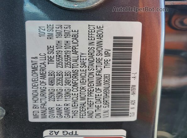 5J6RT6H95NL006283 2022 HONDA CR-V Gray VIN sticker view