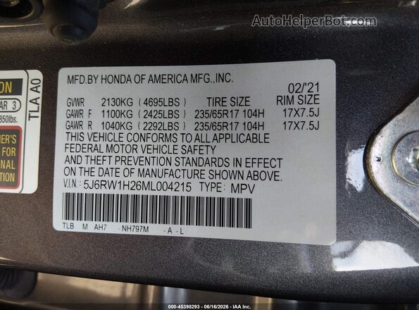 5J6RW1H26ML004215 2021 HONDA CR-V Gray Շարժիչի բաժամունքի տեսք