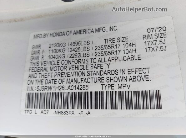 5J6RW1H28LA014285 2020 HONDA CR-V White Widok komory silnika