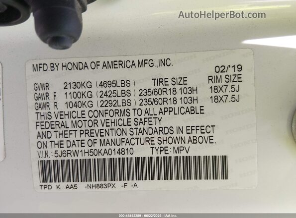5J6RW1H50KA014810 2019 HONDA CR-V White Շարժիչի բաժամունքի տեսք