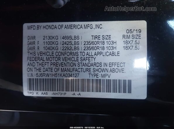 5J6RW1H51KA034127 2019 HONDA CR-V Black Widok komory silnika