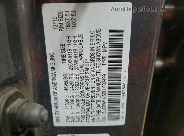 5J6RW1H52LL002499 2020 HONDA CR-V Серый 