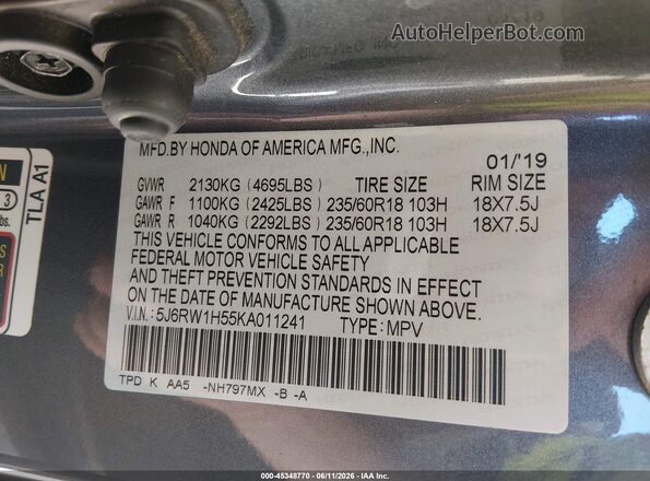 5J6RW1H55KA011241 2019 HONDA CR-V Gray Շարժիչի բաժամունքի տեսք
