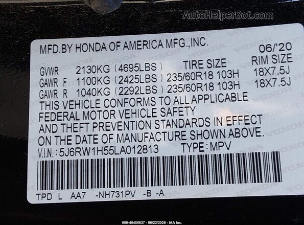 5J6RW1H55LA012813 2020 HONDA CR-V Black Вид підкапотного простору
