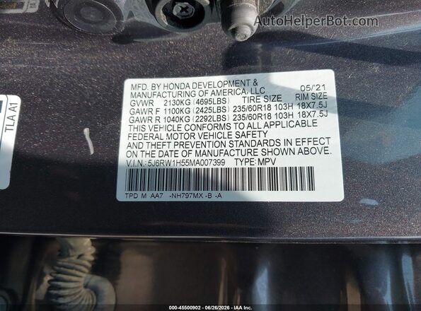 5J6RW1H55MA007399 2021 HONDA CR-V Gray Вид підкапотного простору
