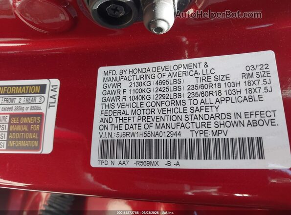 5J6RW1H55NA012944 2022 HONDA CR-V Красный Вид подкапотного пространства