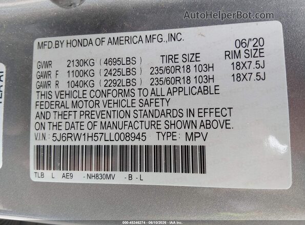 5J6RW1H57LL008945 2020 HONDA CR-V Silver Շարժիչի բաժամունքի տեսք