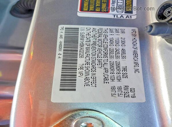 5J6RW1H58KA020256 2019 HONDA CR-V Silver Widok naklejki z numerem VIN