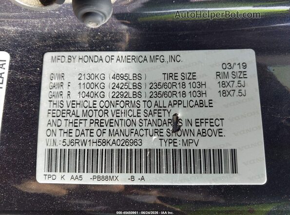 5J6RW1H58KA026963 2019 HONDA CR-V Blue Widok komory silnika