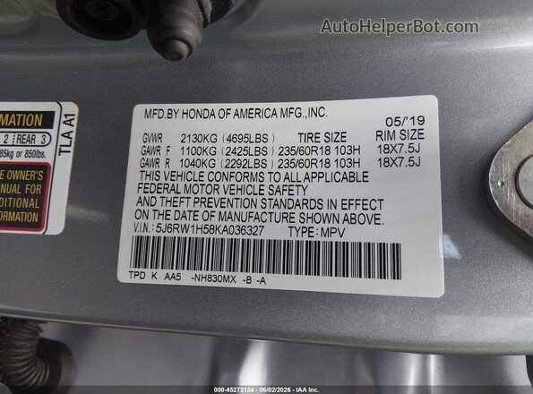 5J6RW1H58KA036327 2019 HONDA CR-V Серебряный Вид подкапотного пространства
