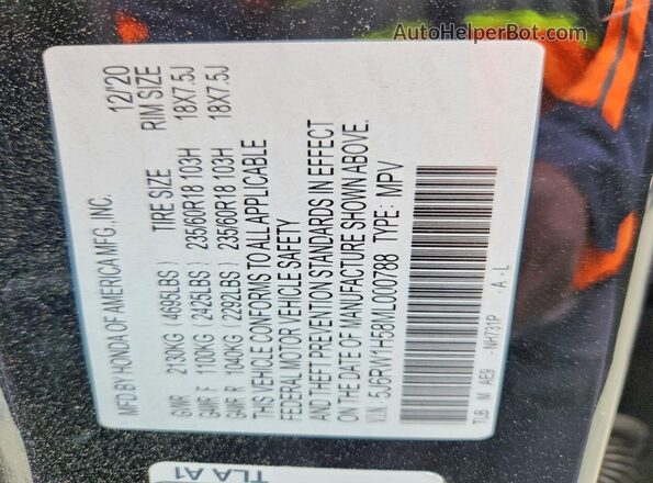 5J6RW1H58ML000788 2021 HONDA CR-V Black Vista de la etiqueta del VIN