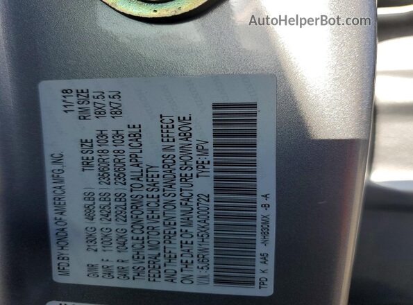 5J6RW1H5XKA000722 2019 HONDA CR-V Silver 