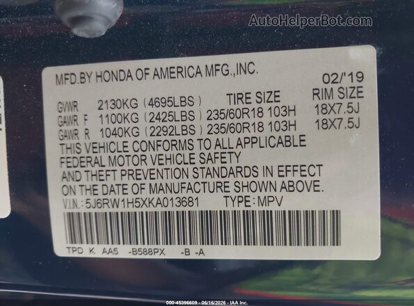 5J6RW1H5XKA013681 2019 HONDA CR-V Blue Widok komory silnika