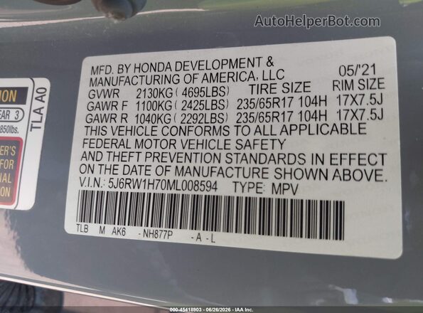 5J6RW1H70ML008594 2021 HONDA CR-V Light Blue Вид подкапотного пространства