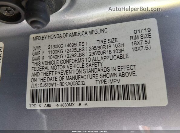 5J6RW1H80KA008032 2019 HONDA CR-V Silver ძრავის განყოფილების ხედი