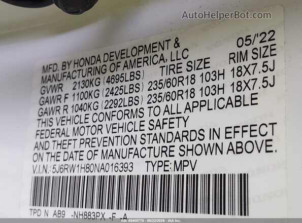 5J6RW1H80NA016393 2022 HONDA CR-V White ძრავის განყოფილების ხედი