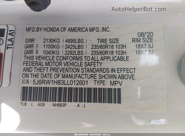 5J6RW1H83LL012601 2020 HONDA CR-V White Widok komory silnika