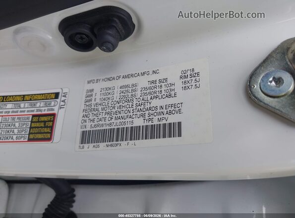 5J6RW1H87JL005115 2018 HONDA CR-V White Vista del compartimento del motor